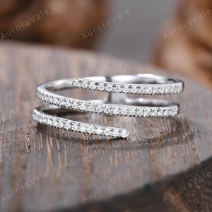 14K Gold Moissanite Spiral Ring Pave Diamonds Dainty Wrap Coil Ring Minimalist Women's Stackable Matching Thin Band