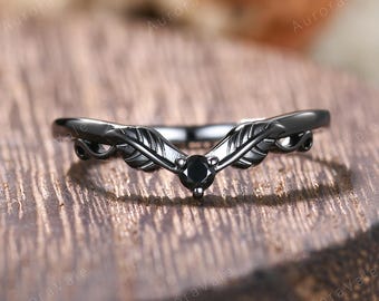 Leaf Branch Twist Branch Ring Curved Stackable Ring, Onyx Black Gold Nature-Inspired Botanical Wedding Ring Vine Leaf Stacking Contour Ring