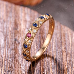 Antique Sapphire Ruby Wedding Band Yellow Gold Vintage Half Eternity Filigree Round Blue Sapphire Stacking Matching Ring Anniversary Gift