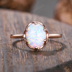 6 Prongs White Fire Oval Opal Ring 3ct 14k Rose Gold Ring Brutalist October Birthstone Ring Anniversary Ring Gift For Her Birthday Gift