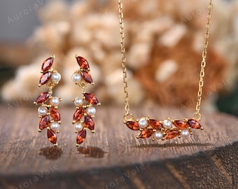 Vintage Garnet Pearl Jewelry Set: Yellow Gold Marquise & Round Cluster Pendant Necklace, Dangle Earrings Bridesmaid Gift Set