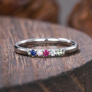 14K White Gold 5 Gemstone Ring 2mm Ruby Opal Sapphire Family Birthstone Ring Personalized Stackable Matching Band Minimalist