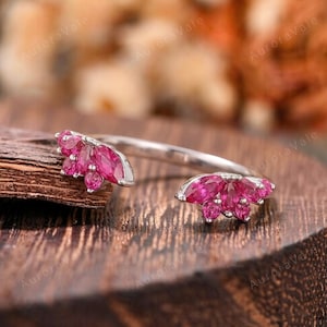 Marquise Ruby Cluster Stacking Ring Vintage Open Gap Curved Matching Wedding Band Dainty Adjustable Ring Unique Anniversary Gift for Her