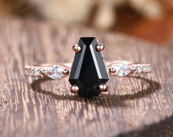 Coffin Black Onyx Ring Unique Three Stone Marquise Moissanite Black Gemstone Engagement Ring Dainty Promise Ring Gift for Her