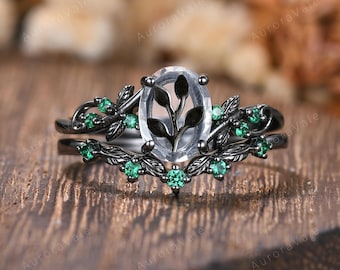 Gothic Coffin Onyx Vine Bridal Ring Set Black Gold Boho Handmade Jewelry Nature Inspired Twisted Branch Matching Wedding Band Promise Rings