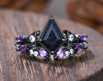 Black Gold Kite Cut Blue Sandstone Wedding Ring Set Blue Goldstone Amethyst Engagement Ring Open Gap Matching Band Vintage Anniversary Ring
