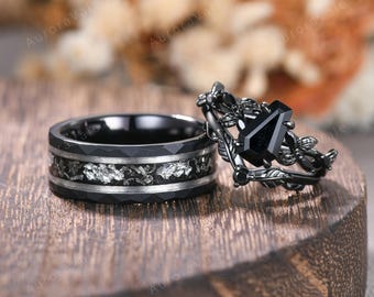 Coffin Black Onyx & Meteorite Leaf Couples Ring Black Gold Ring Set Matching Nature Couples Vintage Promise Rings His and Hers Wedding Band