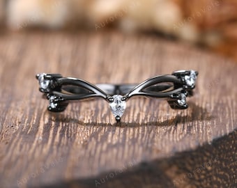 Black Gold Moissanite Branch Chevron Ring, Twig Curved Wedding Band, Nature Inspired Ring