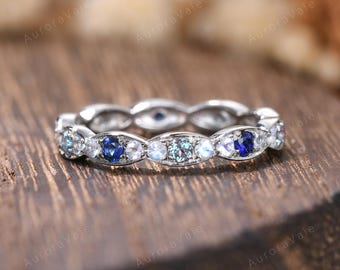 Alexandrite Sapphire Moonstone Eternity Ring 2mm | 10K White Gold Stacking Band Family Birthstone Women Matching Wedding Band Mother's Gift