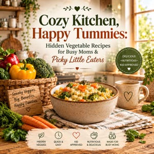 Könnte beinhalten: Ein Kochbuch-Cover mit dem Titel Cozy Kitchen, Happy Tummies: Hidden Vegetable Recipes for Busy Moms & Picky Little Eaters. Es zeigt eine Schüssel Pasta mit Brokkoli, einen Korb mit frischem Gemüse und eine Tasse mit Herz auf einem Holztisch.
