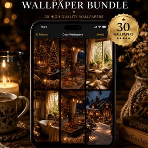 Könnte beinhalten: Ein digitales Handy-Hintergrundbild-Paket mit 30 hochwertigen Bildern auf einem Smartphone-Bildschirm. Der Bildschirm zeigt ein Raster aus gemütlichen Innen- und Außenansichten, darunter ein Kamin, eine Badewanne und eine verschneite Hütte.