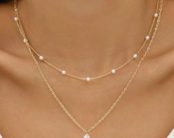 Gold Pearl Necklace, Women Plated Layered Pearl Necklace, Trendy Pearl Necklace, Jewelry Gift