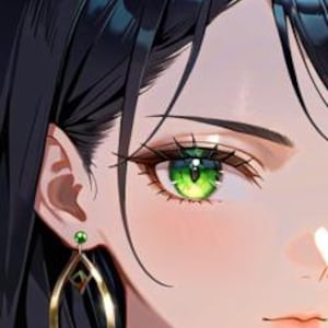 Könnte beinhalten: Nahaufnahme einer Anime-Illustration eines Frauengesichts. Die Frau hat lange schwarze Haare, einen hellen Teint und ein auffälliges grünes Auge. Sie trägt einen goldenen Ohrring mit einem grünen Edelstein. Das Bild ist hell beleuchtet und detailliert.