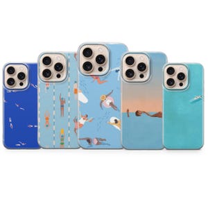 May include: Five phone cases with colorful designs. The cases feature illustrations of people swimming, floating on rafts, and enjoying the water. The cases are in shades of blue, teal, and white.