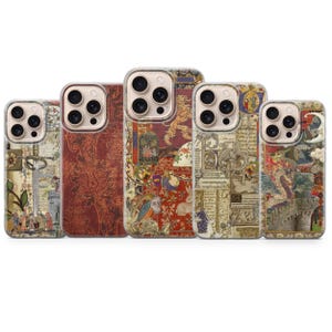 May include: Five phone cases with distinct designs. The cases display intricate patterns, including floral, medieval scenes, and ornate details in shades of red, brown, and cream. Each case has a camera cutout and a clear border.