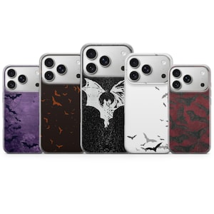 May include: A collection of five phone cases with unique designs. The cases feature bat and gothic-themed graphics in various colors, including purple, brown, black, white, and red. The designs include bat silhouettes and a central bat illustration.