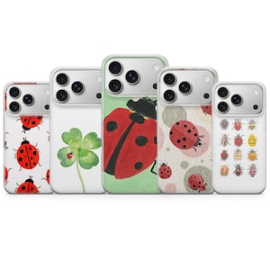 May include: Five phone cases with various designs. One case features a red ladybug pattern, another a four-leaf clover, and a third a large red ladybug on a green background. The other two cases have ladybug and insect illustrations.