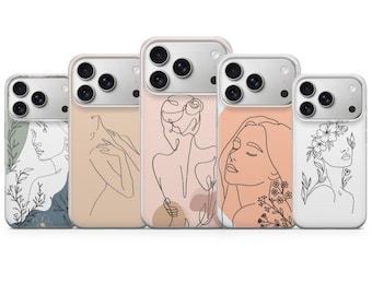 Funda transparente para teléfono con diseño de arte lineal y dibujo femenino para iPhone 17 Pro Max, 16e, 15, 14, 13 y Samsung S26 Ultra, S25 FE, A57, A56 Pixel 10, 9A