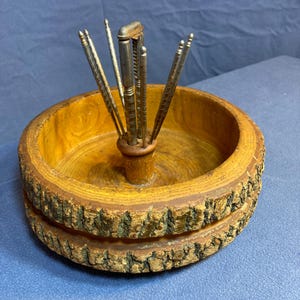 Vintage Handcrafted Wooden Nut Bowl with Nut Cracker and Picks