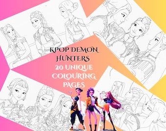 Páginas para colorear de Cazadores de Demonios del K-pop para niños, descarga digital imprimible, personajes inspirados en el anime