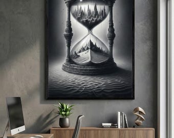 Cyberpunk Wall Art | Dystopian Cityscape Print | Surreal Hourglass Poster | Sci Fi Gothic Home Decor | Unique Gaming Room Gift