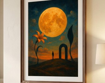 ウィムシゴスのオレンジ色の月の壁アート、シュールな天体ファンタジープリント