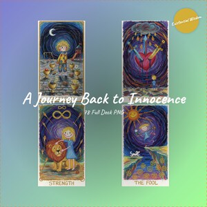 Può includere: Una collezione di quattro illustrazioni di carte dei tarocchi con uno stile stravagante. Le carte presentano colori vivaci e raffigurano scene con figure, simboli e testo. Il testo "A Journey Back to Innocence" e "78 Full Deck PNG" sono visibili.