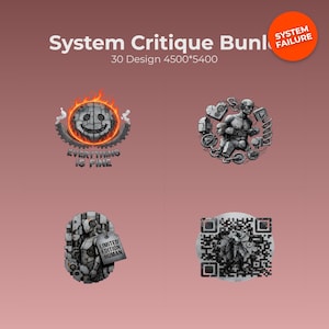 Puede incluir: Impresión de arte digital con cuatro diseños sobre el tema de la crítica del sistema. Los diseños incluyen una cara sonriente en llamas, una figura rodeada de engranajes, una figura etiquetada como "Limited Edition Human" y un código QR.