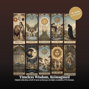 Paquete de 78 cartas de tarot vintage en formato PNG, baraja de tarot digital de alta resolución de 7 x 12 cm, arte místico para grabados, ideal para diarios creativos y uso comercial.