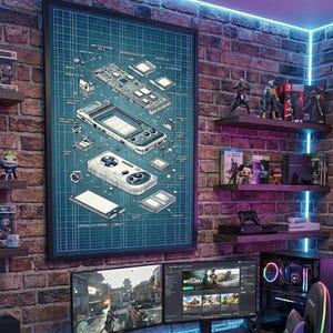 Retro Gaming Console Blueprint – Tech Art Digital Download – Gamer Wall Art & Room Decor Gift