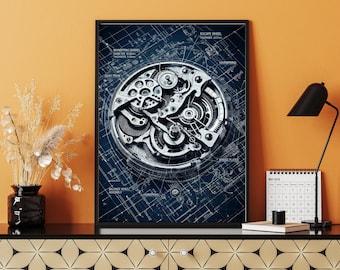 Watch Mechanism Blueprint Print – Horology Art, Engineer Gift (Digital Download)