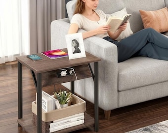 Nightstands Set of 2 with Charging Station | Small Side Tables with USB & Outlet | Bedside End Tables 2 Tier Storage | Rustic Grey Black