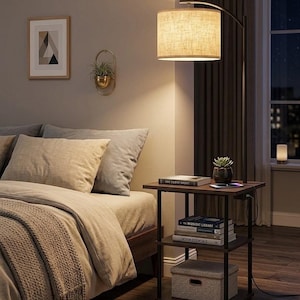 Floor Lamp with Table  | Lamp with Nightstand | Side Table with USB Type C & Outlet | Modern Lamp with Shelves | Bedside End Table