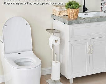 Freestanding Toilet Paper Holder with Shelf | Brushed Nickel Stand with Marble Base | Bathroom Tissue Holder for 4 Rolls | Modern TP Storage