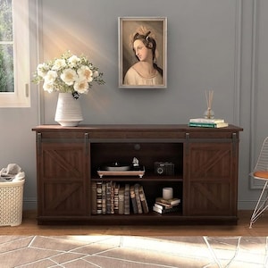 May include: A dark brown wooden entertainment center with sliding barn doors. The center features a shelf with a record player, camera, and books. A white vase with white flowers sits on top, with a framed portrait on the wall.