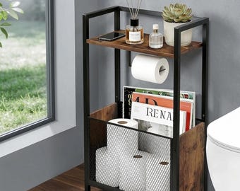 Freestanding Toilet Paper Holder with Storage | Black Bathroom Organizer Stand with Shelf & Basket | TP Roll Holder for Small Space Bathroom