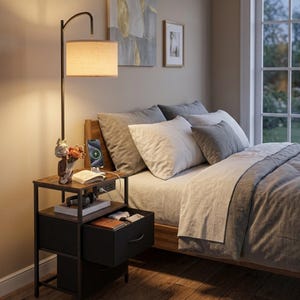 May include: A bedroom scene featuring a modern nightstand with a built-in charging station and a floor lamp. The nightstand has a drawer and a shelf with a book and headphones. A phone is charging on the nightstand. The lamp has a beige lampshade.