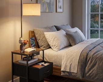 Floor Lamp with Table & Charging Station | Nightstand with 2 Drawers  USB Type C Outlet | Bedside Lamp Table for Small Spaces Living Room