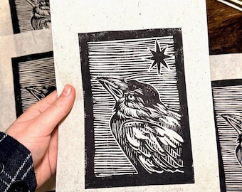 Handmade Linocut Jackdaw Crow Bird Art Print: Limited Run A5 Wall Decoration