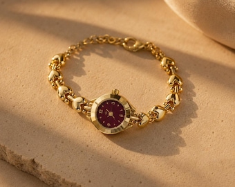 Gold Bracelet Watch for Women, Elegant Vintage Style Wrist Watch, Purple Dial Bracelet Watch, Minimal Luxury Jewelry Watch, Gift for Her