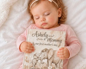 May include: A hardcover book titled Ashely & Mommy our first mother's day featuring a watercolor illustration of a baby elephant and a mother elephant. The book cover has a cream background with soft brown text and decorative floral accents.