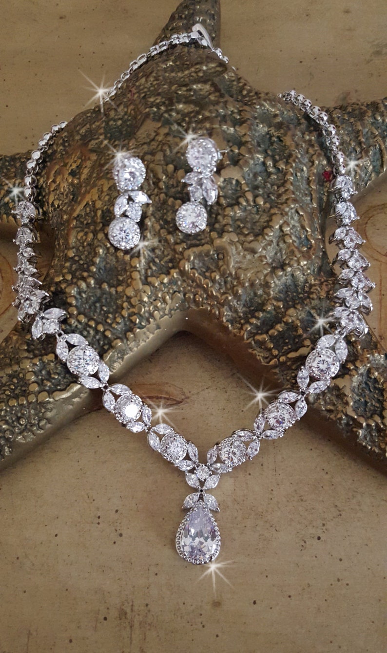 CZ Statement Necklace and Earrings Set, Wedding Necklace Set, Bride