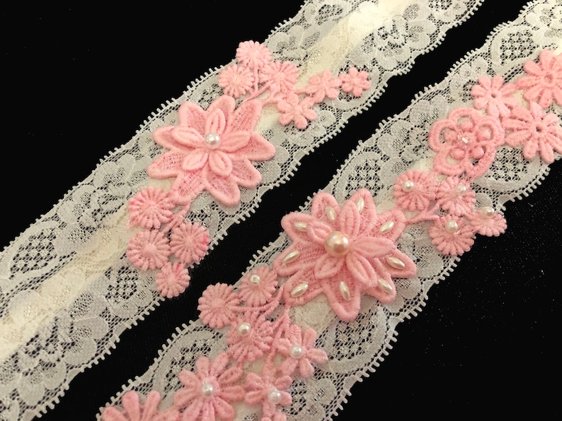 Pink and White Stretch Lace Wedding Garter, Venice Lace Trim Bridal ...