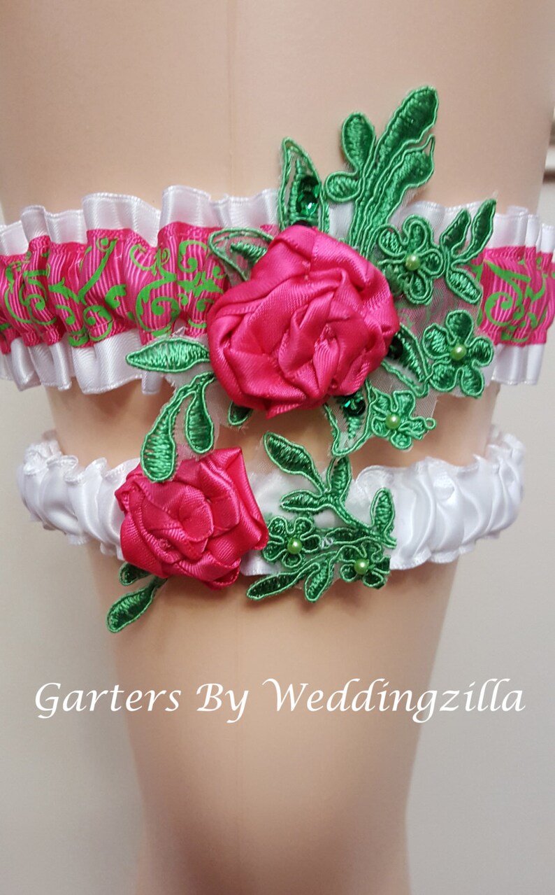 Flower Wedding Garter Set, Damask Wedding Garter Set, White Hot Pink
