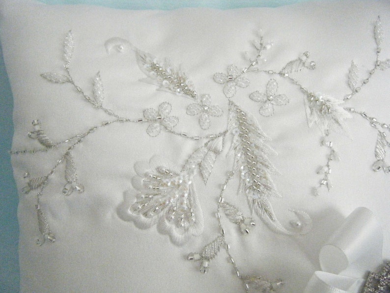 Couture White Ring Bearer Pillow Embroidered Beaded Wedding Pillow OOAK White RIng Cushion Bridal Pillow Silver Ring Pillow