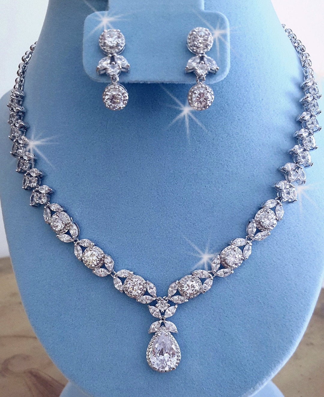 CZ Statement Necklace and Earrings Set, Wedding Necklace Set, Bride