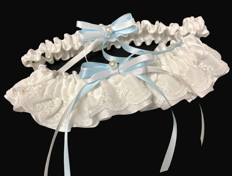 White Satin and Lace Wedding Garter Set, White Wedding Garter Belt
