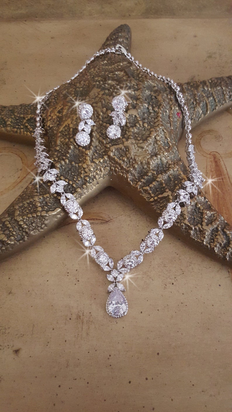 CZ Statement Necklace and Earrings Set, Wedding Necklace Set, Bride