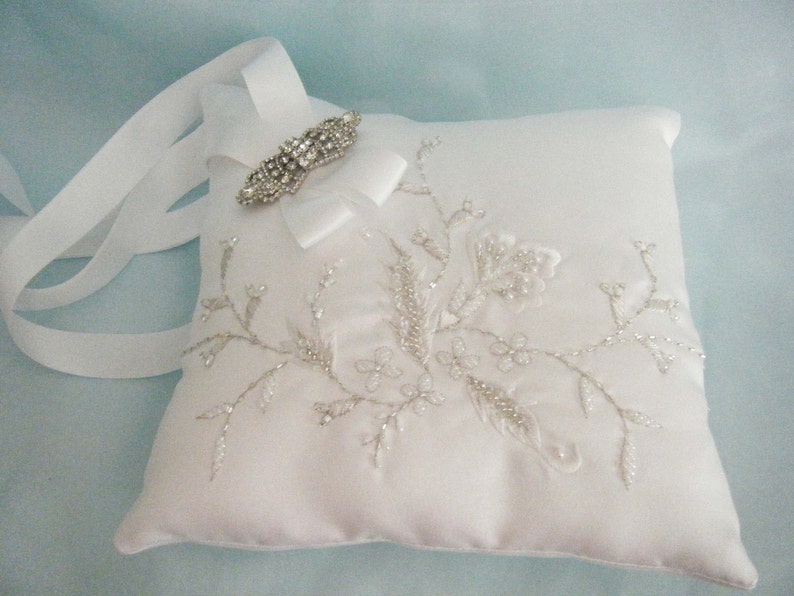 Couture White Ring Bearer Pillow Embroidered Beaded Wedding Pillow OOAK White RIng Cushion Bridal Pillow Silver Ring Pillow