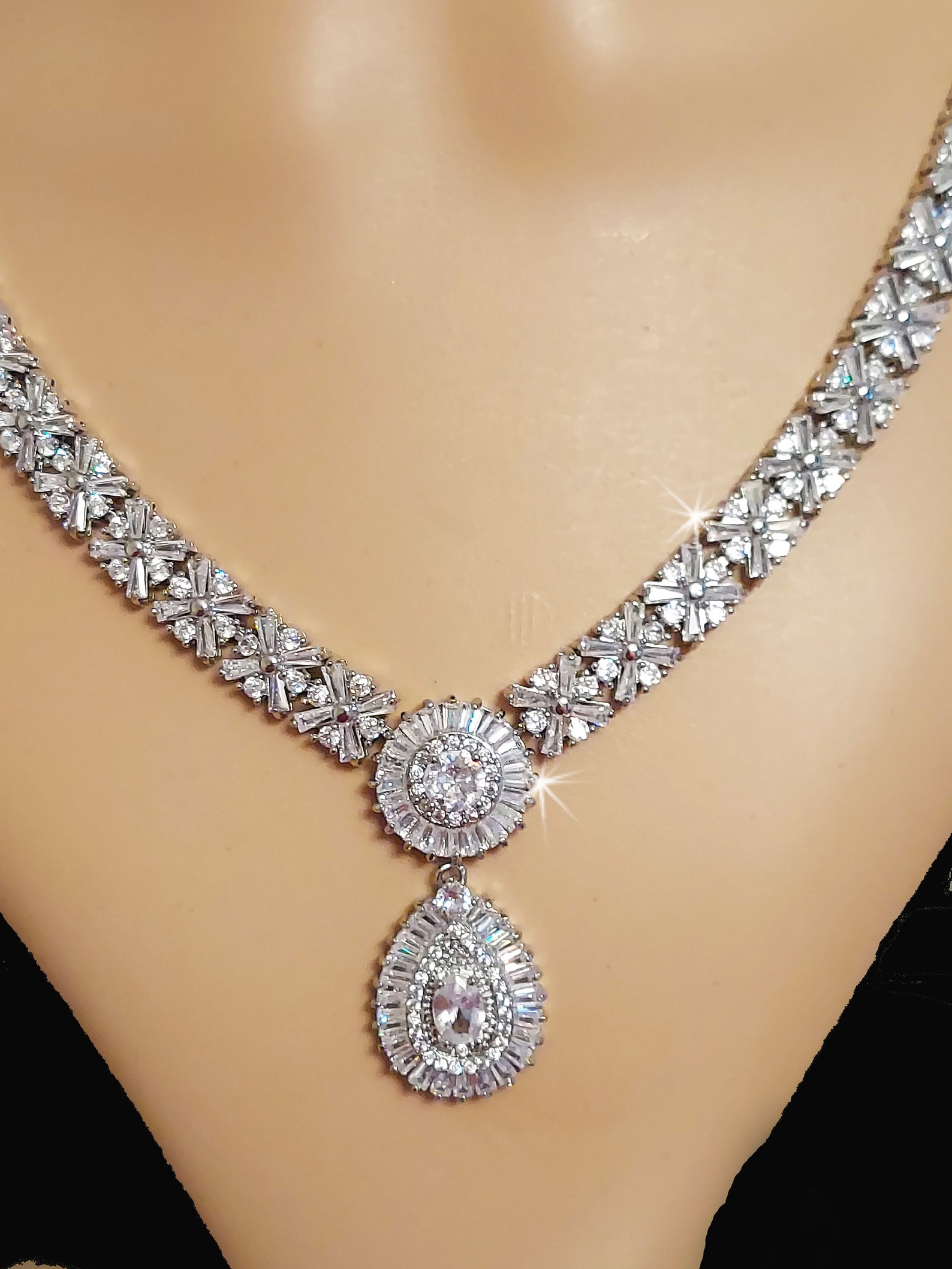 CZ Statement Necklace and Earrings Set Bridal Jewelry Set Etsy